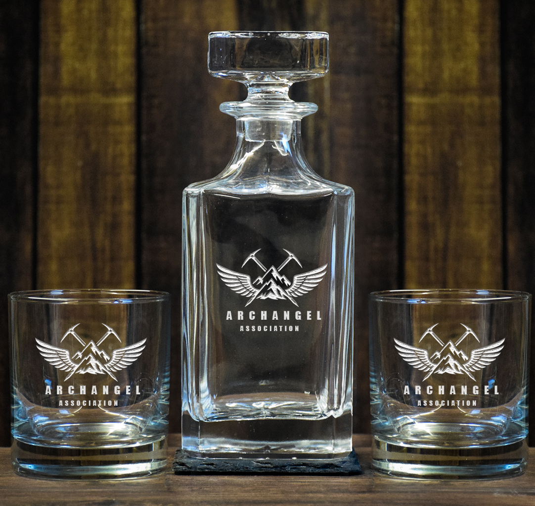Archangel Association Laser Engraved Decanter and Rocks Glasses Set