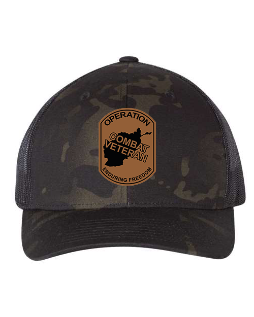 Combat Veteran Afghanistan OEF - Laser Engraved Leather Patch Hat