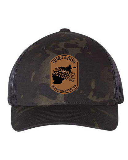 Combat Veteran Afghanistan OEF - Laser Engraved Leather Patch Hat