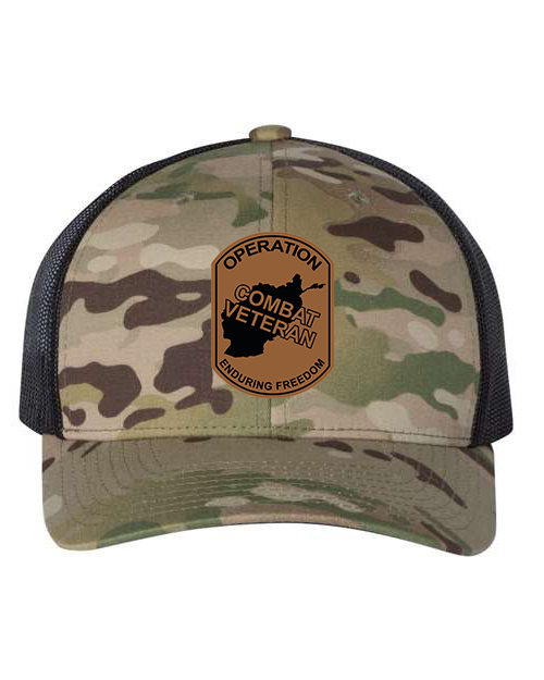 Combat Veteran Afghanistan OEF - Laser Engraved Leather Patch Hat
