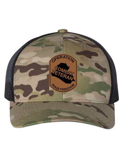 Combat Veteran Iraq OIF - Laser Engraved Leather Patch Hat